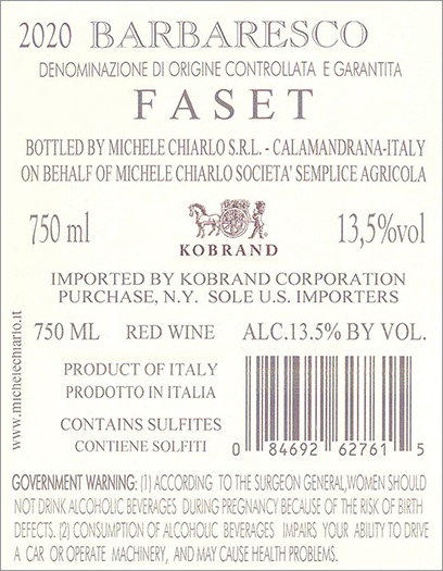 Faset Barbaresco DOCG 2020 Back Label