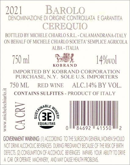 Cerequio Barolo DOCG 2021 Back Label