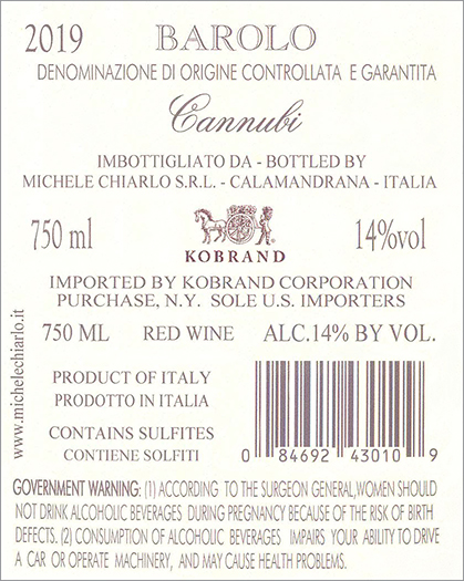 Cannubi Barolo DOCG 2019 Back Label