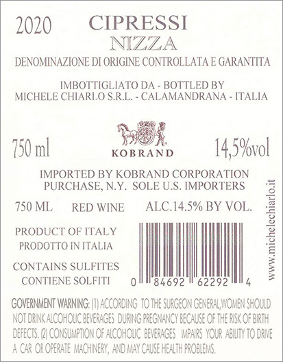 Cipressi Barbera Nizza DOCG 2020 Back Label
