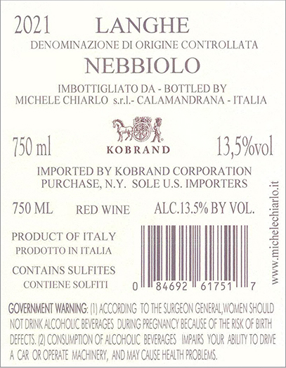 Il Principe Langhe Nebbiolo DOC 2021 Back Label