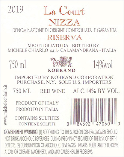 La Court Nizza Riserva DOCG 2019 Back Label