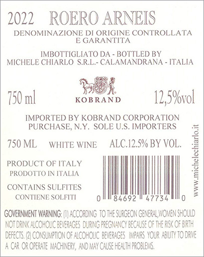Le Madri Roero Arneis DOCG 2022 Back Label