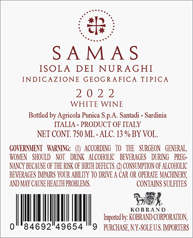 Samas Isola dei Nuraghi 2022 Back Label