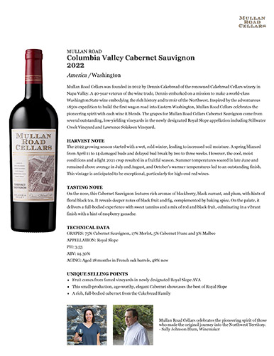 Columbia Valley Cabernet Sauvignon 2022 Fact Sheet