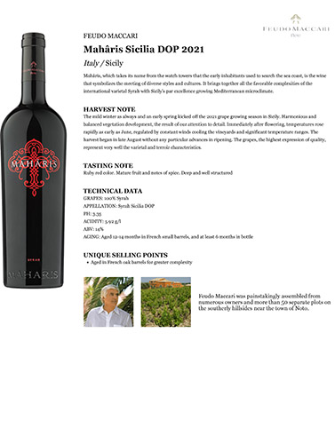 Mahâris Sicilia DOP 2021 Fact Sheet