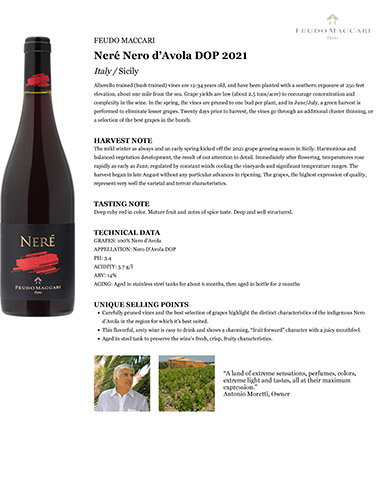 Neré Nero d’Avola DOP 2021 Fact Sheet