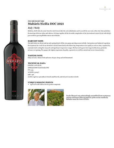 Mahâris Sicilia DOC 2021 Fact Sheet