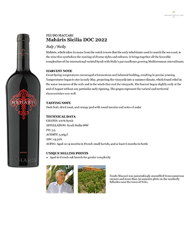 Mahâris Sicilia DOC 2022 Fact Sheet