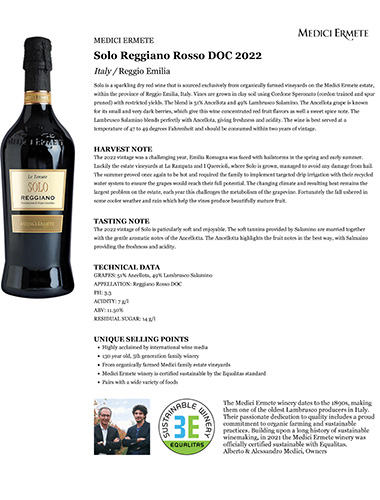 Solo Reggiano Rosso DOC 2022 Fact Sheet