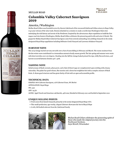 Columbia Valley Cabernet Sauvignon 2019 Fact Sheet