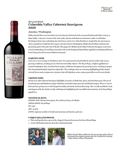 Columbia Valley Cabernet Sauvignon 2020 Fact Sheet