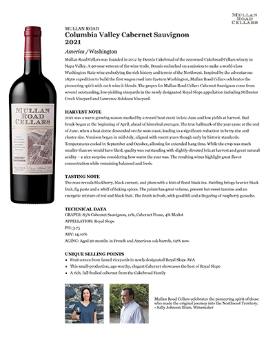 Columbia Valley Cabernet Sauvignon 2021 Fact Sheet