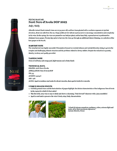 Neré Nero d’Avola DOP 2023 Fact Sheet