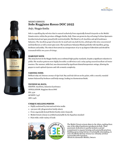 Solo Reggiano Rosso DOC 2025 Fact Sheet