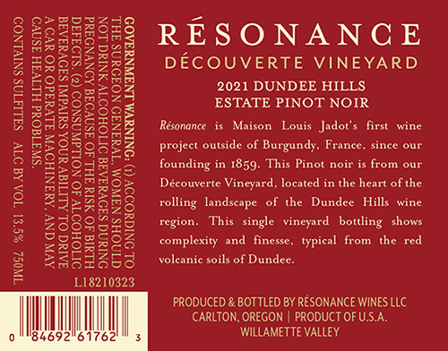 Découverte Vineyard Pinot Noir 2021 Back Label