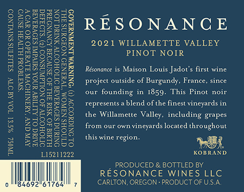 Willamette Valley Pinot Noir 2021 Back Label