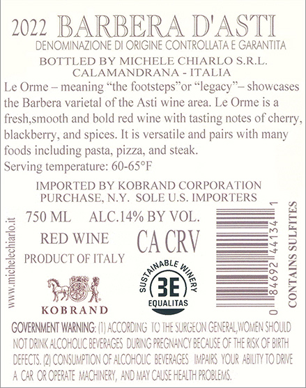 Le Orme Barbera d’Asti DOCG 2022 Back Label