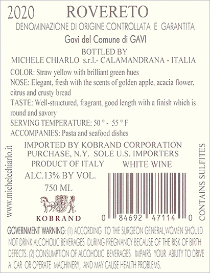 Rovereto Gavi del Comune di Gavi DOCG 2020 Back Label