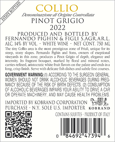Pinot Grigio Collio DOC 2022 Back Label