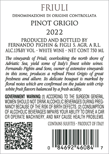 Pinot Grigio Friuli DOC 2022 Back Label