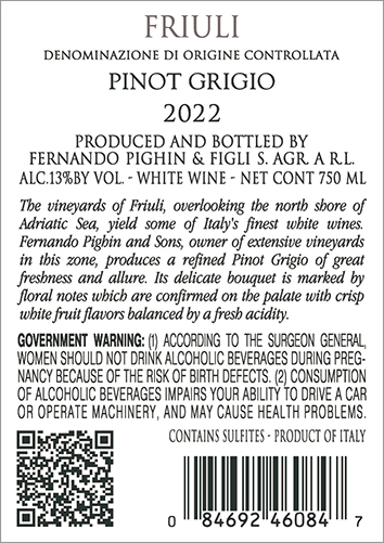 Otto: Pinot Grigio Friuli DOC 2022 Back Label
