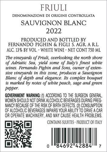 Sauvignon Blanc Friuli DOC 2022 Back Label