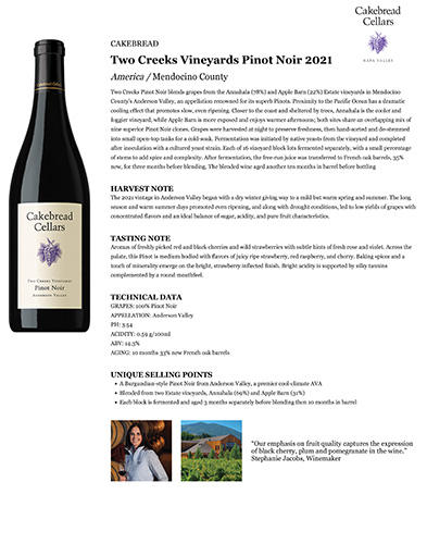 Two Creeks Vineyards Pinot Noir 2021 Fact Sheet
