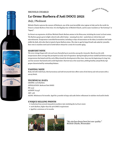Le Orme Barbera d’Asti DOCG 2021 Fact Sheet