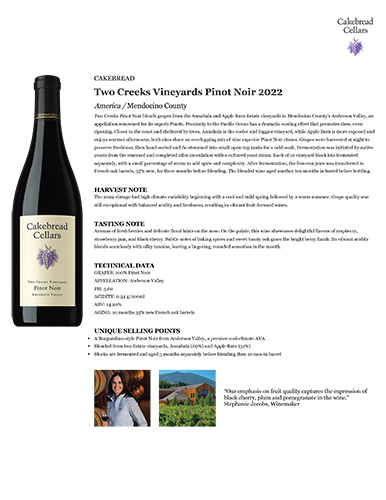 Two Creeks Vineyards Pinot Noir 2023 Fact Sheet