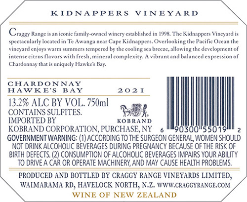 Kidnappers Vineyard Chardonnay 2021 Back Label