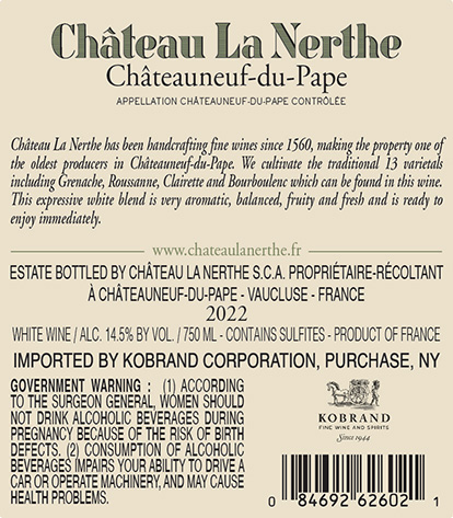 Châteauneuf-du-Pape Blanc 2022 Back Label