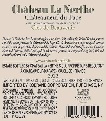Clos de Beauvenir Châteauneuf-du-Pape Blanc 2022 Back Label