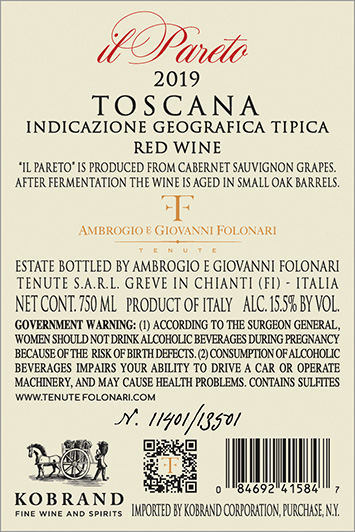 Il Pareto Toscana IGT 2019 Back Label