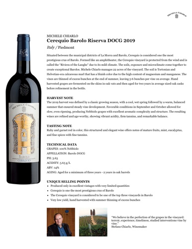 Cerequio Barolo Riserva DOCG 2019 Fact Sheet