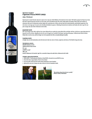 Cipressi Nizza DOCG 2023 Fact Sheet