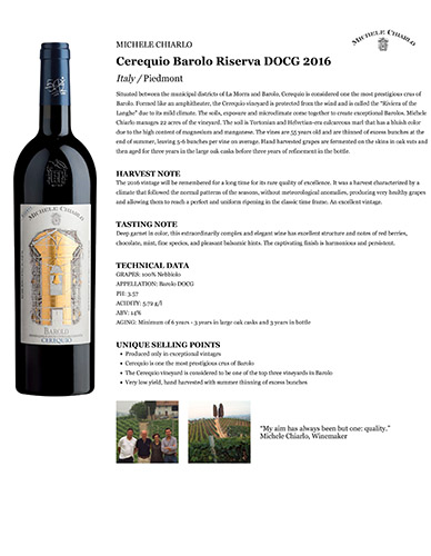 Cerequio Barolo Riserva DOCG 2016 Fact Sheet