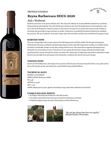 Reyna Barbaresco DOCG 2020 Fact Sheet