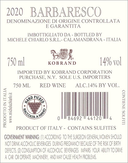Reyna Barbaresco DOCG 2020 Back Label