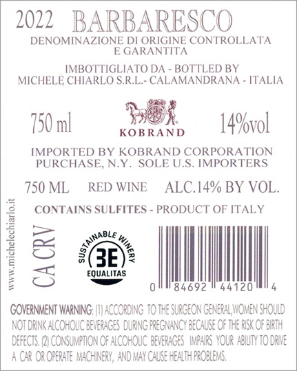 Reyna Barbaresco DOCG 2022 Back Label