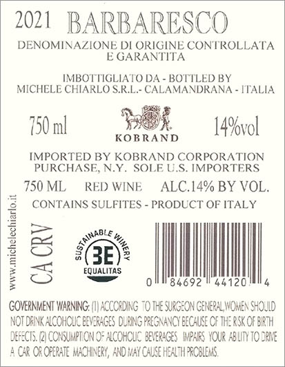 Reyna Barbaresco DOCG 2021 Back Label
