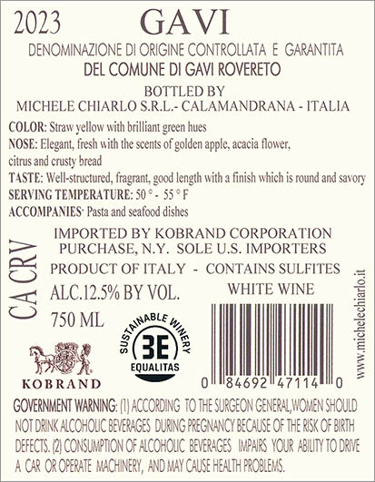 Rovereto Gavi del Comune di Gavi DOCG 2023 Back Label