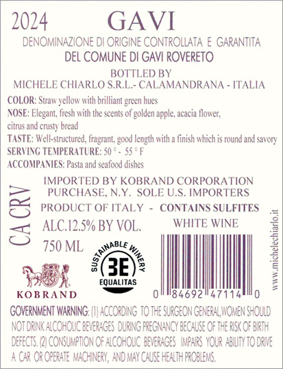 Rovereto Gavi del Comune di Gavi DOCG 2024 Back Label
