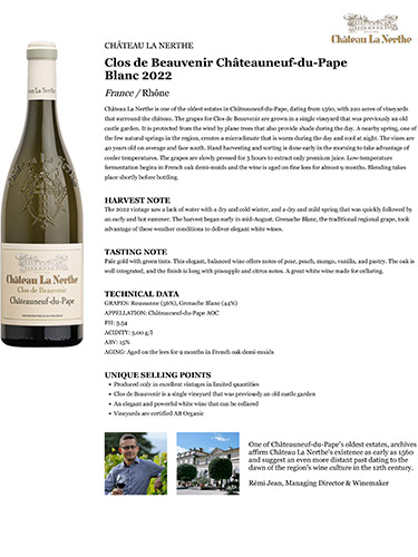 Clos de Beauvenir Châteauneuf-du-Pape Blanc 2022 Fact Sheet