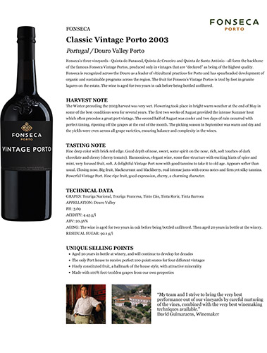 Classic Vintage Porto 2003 Fact Sheet