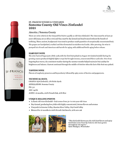 Sonoma County Old Vines Zinfandel 2021 Fact Sheet