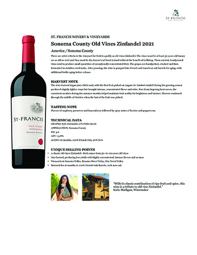 Sonoma County Old Vines Zinfandel 2021 Fact Sheet