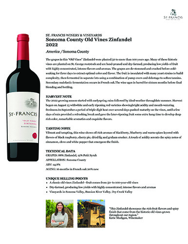 Sonoma County Old Vines Zinfandel 2022 Fact Sheet