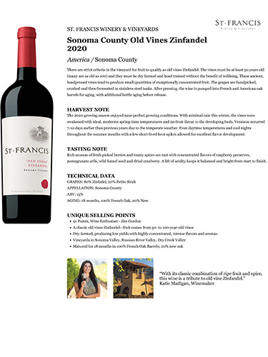 Sonoma County Old Vines Zinfandel 2020 Fact Sheet