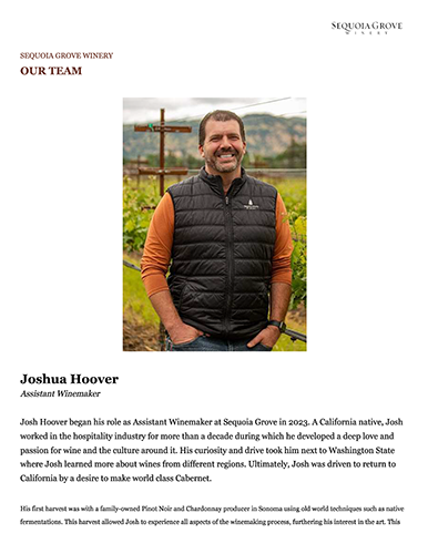 Joshua Hoover, Assistant Winemaker Biography